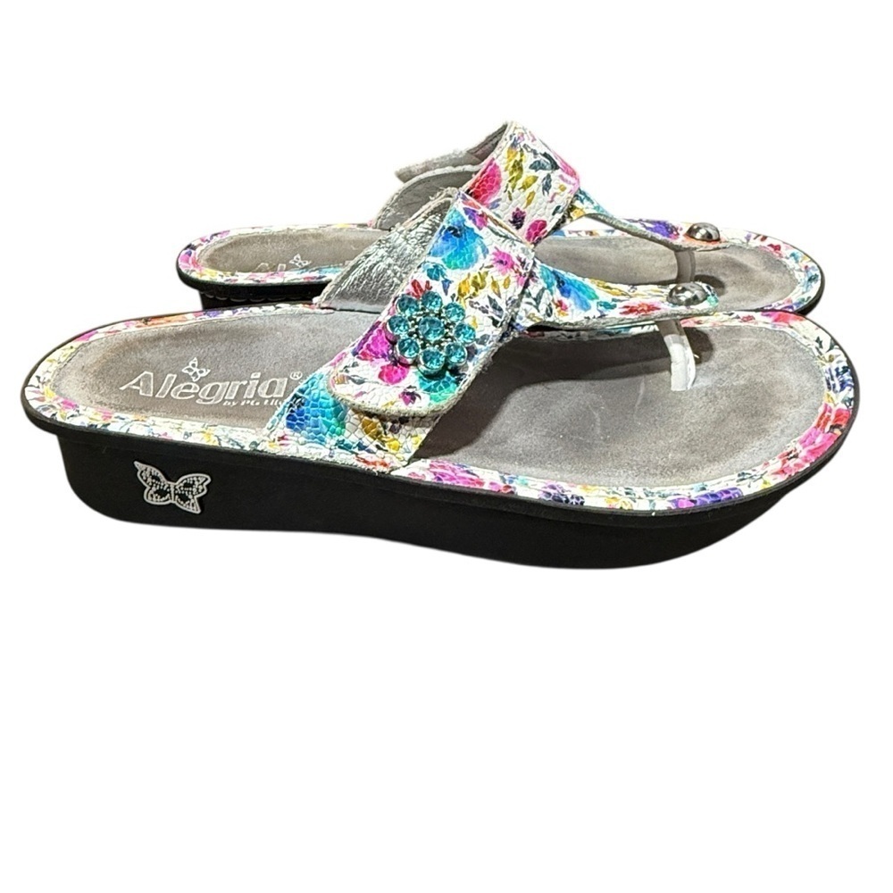 Alegria Carina Perennial Crackle Floral Leather Sandals Adjustable Sz 36 Comfort